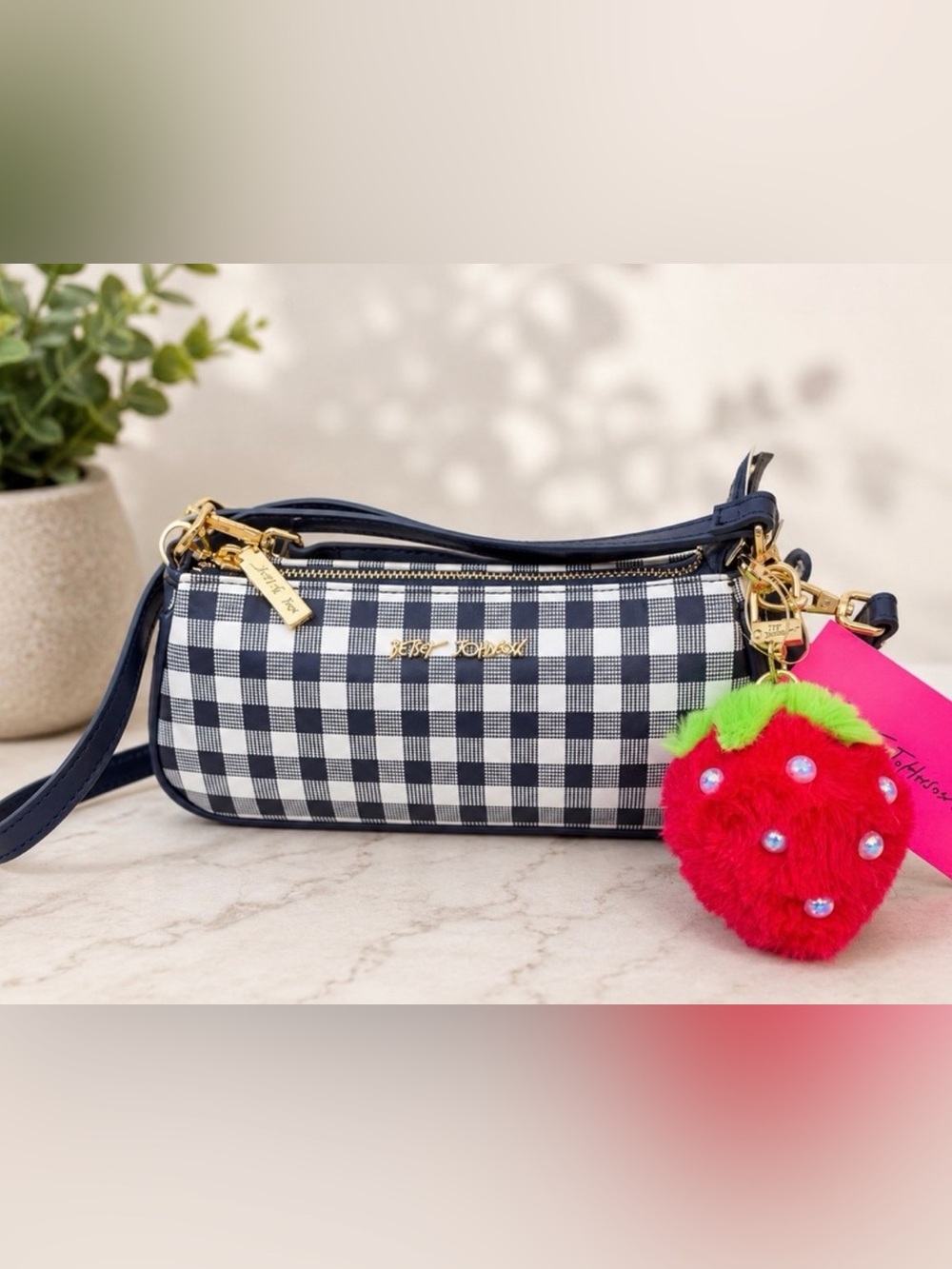 Betsey Johnson Navy and White Gingham Mini Crossbody with Strawberry Charm